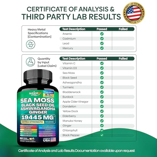 Organic Irish Sea Moss Capsules Sea Moss 7000mg Black Seed Oil 4000mg Ashwagandha 2000mg Turmeric Bladderwrack Burdock & Ginger Vitamin D3 with Elderberry Manuka Dandelion- 60 Veggie Capsules