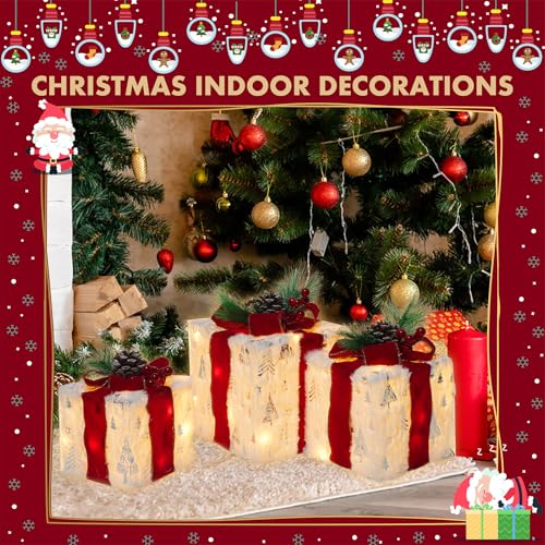 Set of 3 Lighted Gift Boxes with 60 LED Lights, Plug-in Decorative Ornaments for Home, Parties, Anniversaries, and Holiday Use – Perfect for Christmas, Valentine's Day, Birthdays(Tree)