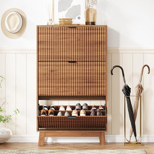 Image of Shoe Cabinet Storage for Entryway with 3 Flip Drawers, Fluted Narrow Shoe Organizer with Wooden Legs, Freestanding Slim Shoe Storage Hidden Shoe Rack Organizer for Front Door Entrance, Hallway, Walnut