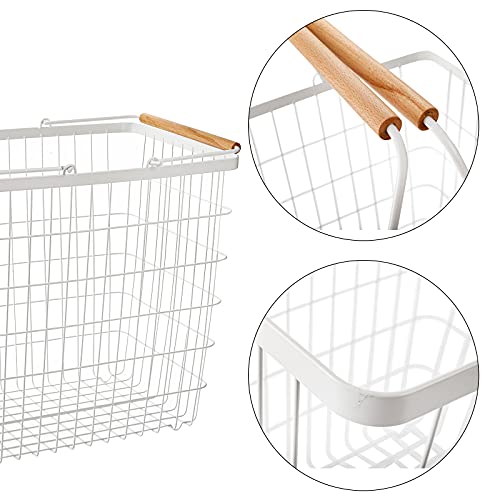 Youeon Metal Laundry Basket With Wooden Handles, 14.7 X 11 X 15 Inch Open Mesh Design Large Wire Laundry Hamper Metal Clothes Basket Storage Bin Organizer For Clothes, Toys, White #TOP3