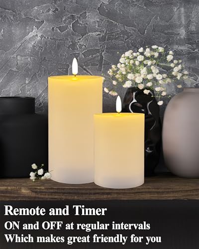 Image of Gmnee 3 inchx5 inch Flickering Flameless Candles with Remote Timer, Real Wax, White | 2 Pack 3 inch Diameter Extra-Large Pillar Candles, LED Candles, Battery Operated Candles for Table and Fireplace Decor (H 5 inch)