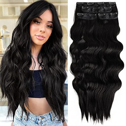 DOCUTE Natural Black Curly Wavy Hair Extensions Clip In For Women 4 Pieces, Full Head Long Curly Wavy Clip In Hair Extensions Classic Hair Pieces Pack Of 4 (22 Inch (Pack of 4), Natural Black - Wavy)