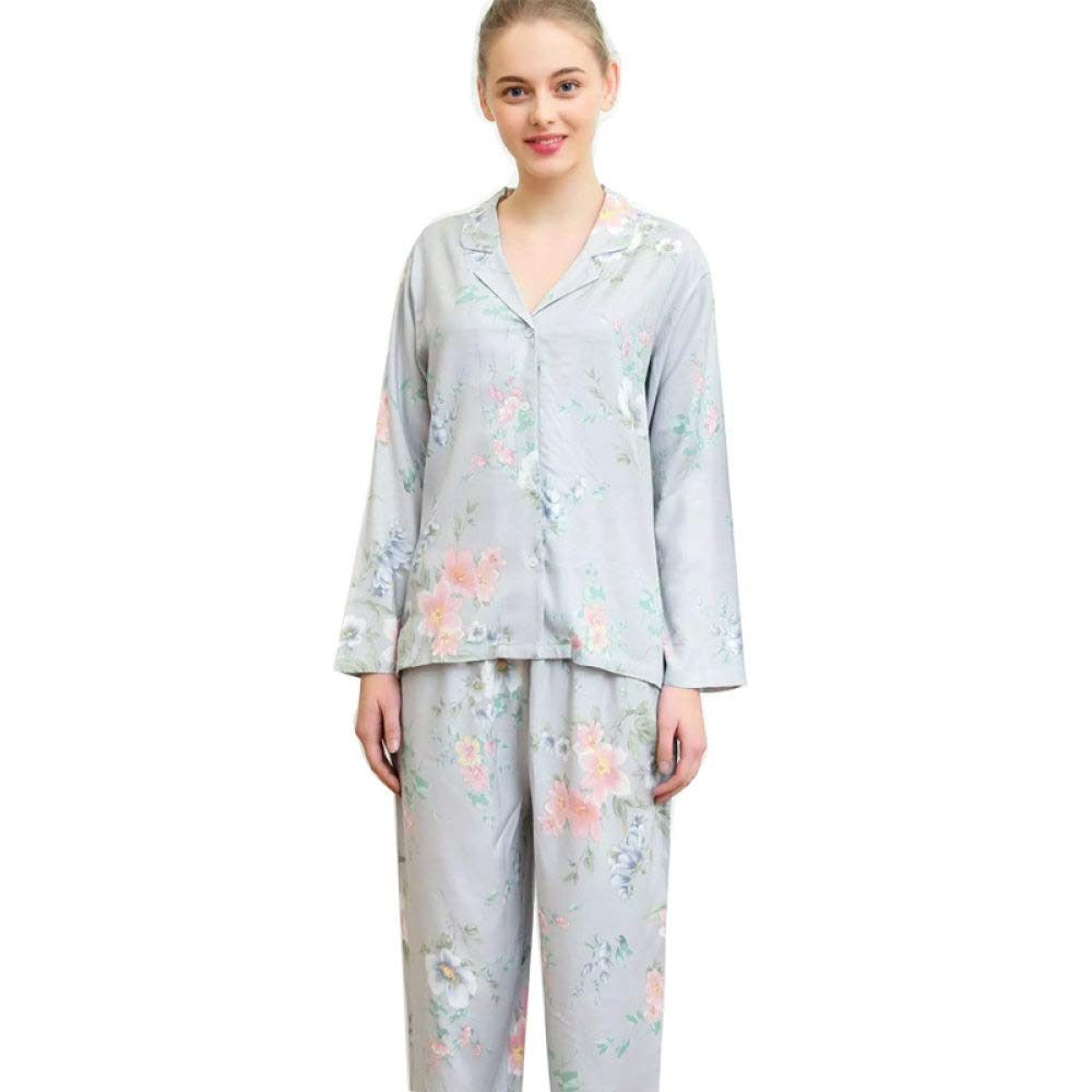 MIYAA Damen Pyjama Satin Schlafanzug Set,Damen Süße Satin Printing Pyjamas Langarm Revers Nachtwäsche Viskose Pyjama Damen Sexy 2 Stück Mädchen Loungewear Lady Nightwear Soft Lounge Sets