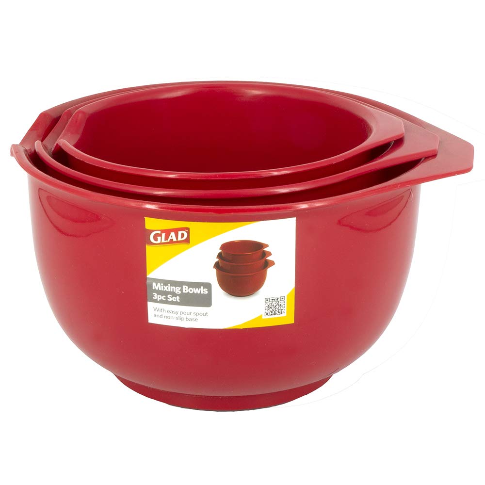 Glad Mixing Bowls with Pour Spout, Set of 3 | Nesting Design Saves Space | Non-Slip, BPA Free, Dishwasher Safe Plastic | Kitchen Cooking and Baking Supplies, Red