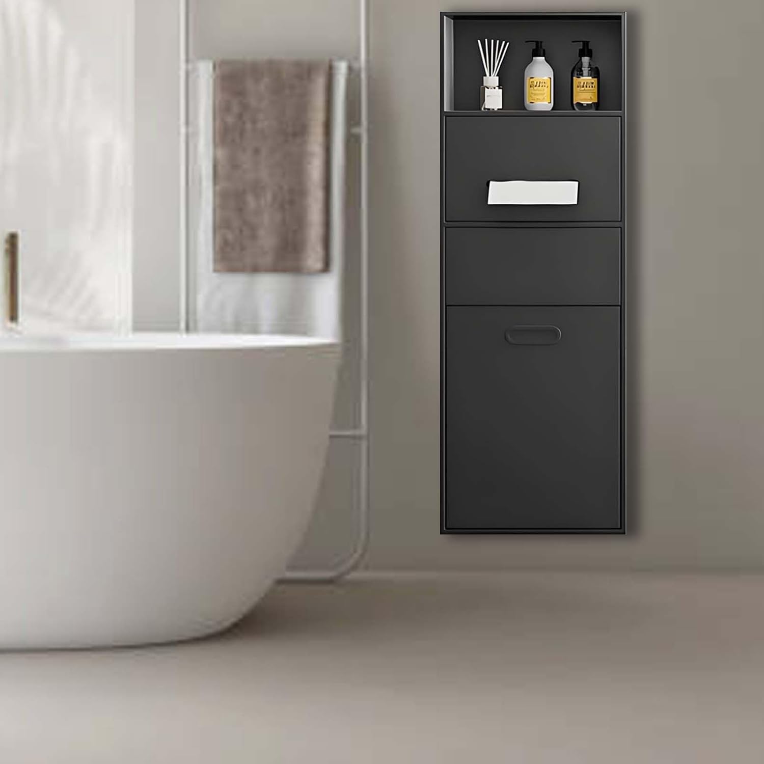 Square Stainless Steel Bathroom Shower Niches with Toilet Paper Holder & Trash Can - Modern Black Storage Solution for Bathroom, Bedroom & Office Renovation