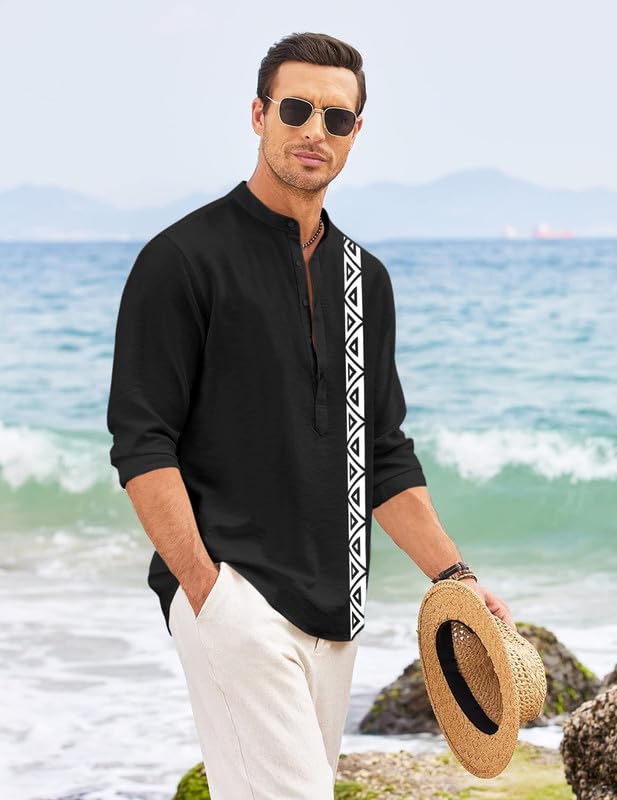 Image of FINIVO FASHION Men's Short Kurta with Printed Geometric Side Panel | Cotton Blend Full Sleeve Ethnic Topwear with Mandarin Collar | Stylish Indo-Fusion Kurta for Daily, Festive, or Casual Wear