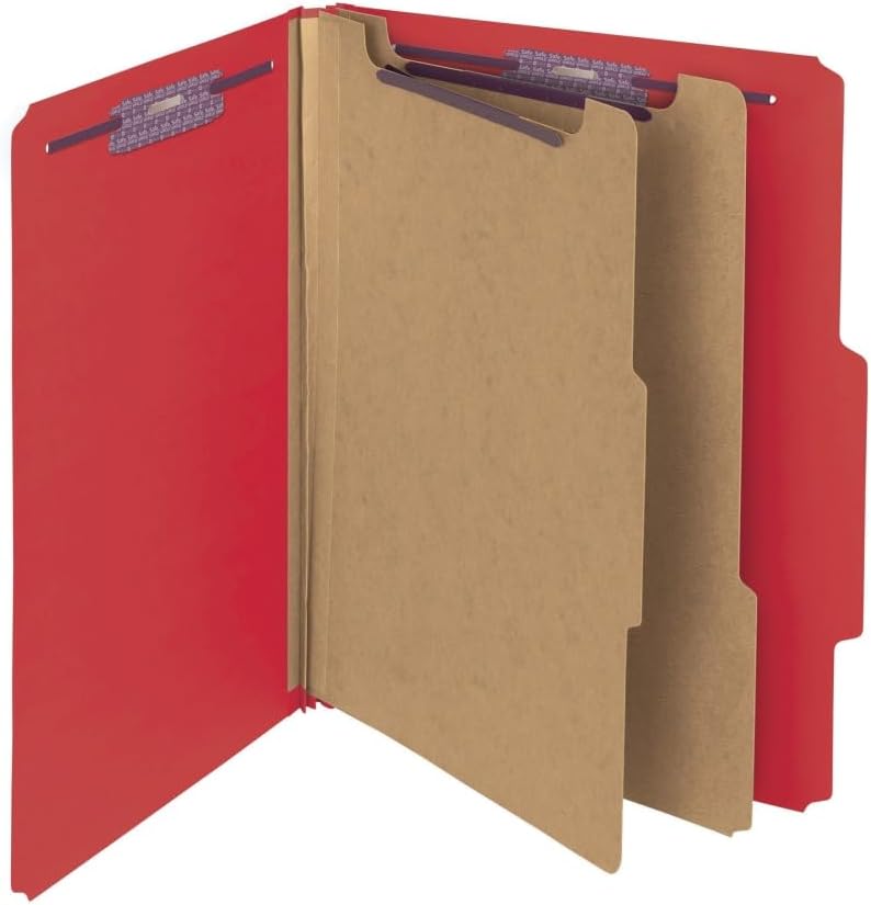 Smead Premium Pressboard Classification File Folder with SafeSHIELD® Fasteners, 2 Dividers, 2" Expansion, Letter Size, Red, 10 Each per Box (14205)