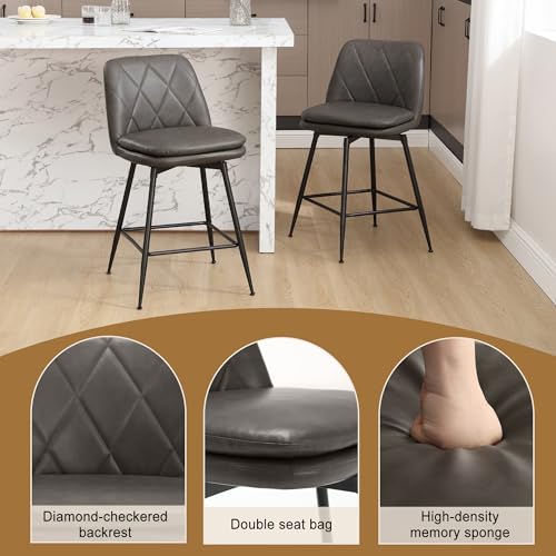 Image of Swivel Bar Stools Set of 4, Swivel Counter Height Bar Stools Set with Metal Legs and Upholstered Faux-Leather Seats, Modern Bar Stool with Back for Kitchen Island (A26 H, Grey)