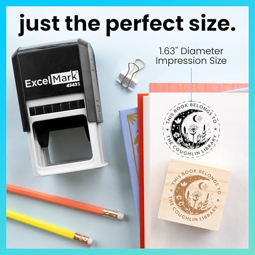 ExcelMark Personalized Book Embossers & Stamps - Personalize a Book Embosser, Wood Stamp, or Self-Inking Mount (Celestial, Round)