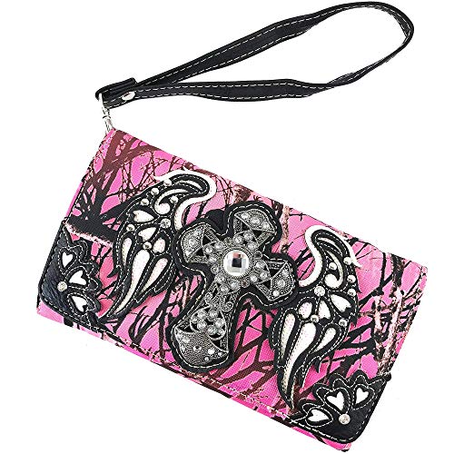 Justin West Camouflage Tree Bling Rhinestone Angel Wing Cross Shoulder Concealed Carry Handbag Purse2