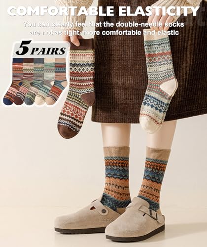 Image of IIG 3-5 Pairs Womens Vintage Cozy Crew Socks Soft Cute Neutral Cotton Socks Exquisite Patterns Socks Gift