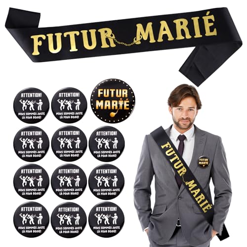 Décoration EVG 1Pc Écharpe 12Pcs Badges Futur Marié Équipe du Marié Accessoire Déguisement Cadeau pour Enterrement de Vie de Garçon
