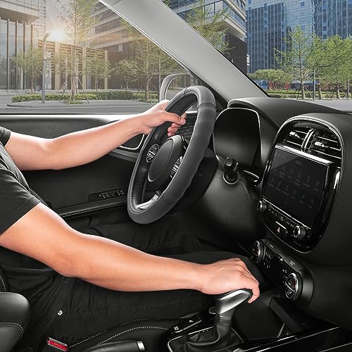 Image of Motor Trend Soft Touch Leather Gray Steering Wheel Cover with Grooves, Advanced Traction Universal Fit for Standard Sizes 14.5 15 15.5 inches
