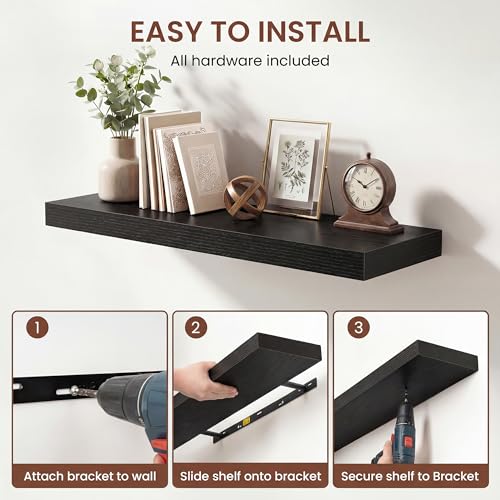 Image of Dreamland 32 Inches Floating Shelves for Wall, 9.3 inch Deep Long Floating Shelves Set of 2, Large Display & Storage Shelf, Wall Shelf for Bathroom Bedroom Living Room Kitchen Office, Black