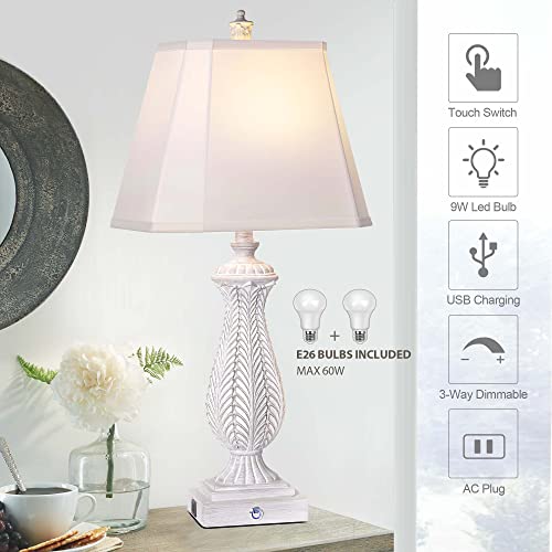 Table Lamps For Bedrooms Set Of 2, 30" H Touch Lamp For Living Room With 2 Usb Ports And Ac Outlet, Mermaid Bedside Lamp For Nightstand With White Slub Linen Shade, Resin Farmhouse Lamp With 2 Bulbs #TOP6