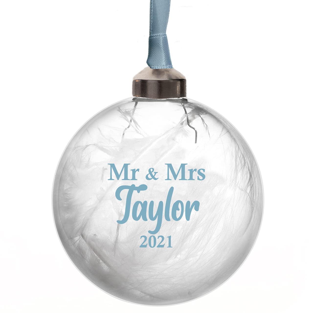 Personalised Mr and Mrs Glass Bauble Filled with White Feathers available in 10 Colours Mr and Mr or Mrs and Mrs (Blue)