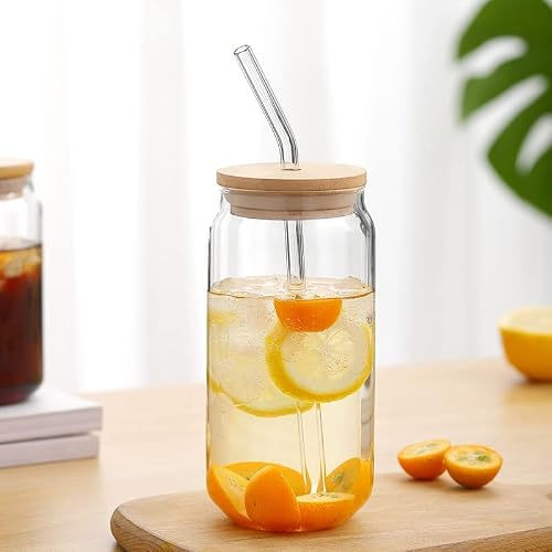 Bewbbat Drinking Glasses Can Glass, 4 Pack 16 Oz Can Shaped Beer Glass With Bamboo Lid And Glass Straw, Classic Can Shaped Drinking Glass For Beverage Cocktail Beer Drinks #TOP7