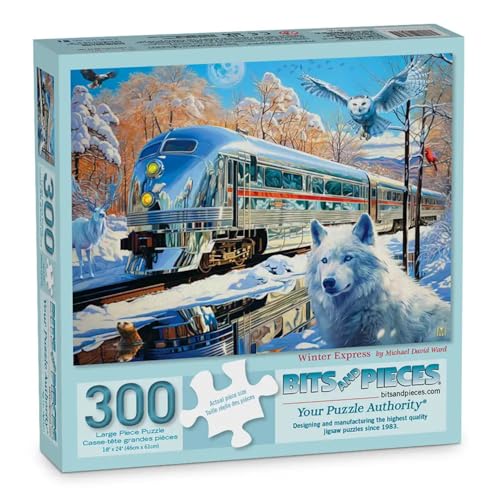 Bits and Pieces 300 Piece Puzzles for Adults 300 Large Pieces 18 x 24 Jigsaw Puzzles, Train in Winter Landcape, Random Die Cut, No 2 Pieces Alike, Winter Express