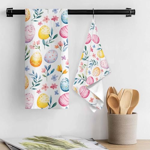 Image of Easter Kitchen Towels Easter Eggs Colorful HHand Towels Spring Flower Seasonal Spring Decoration Dish Towel Soft Absorbent Quick Drying 3 Pack Dish Cloths 18x28 Inch