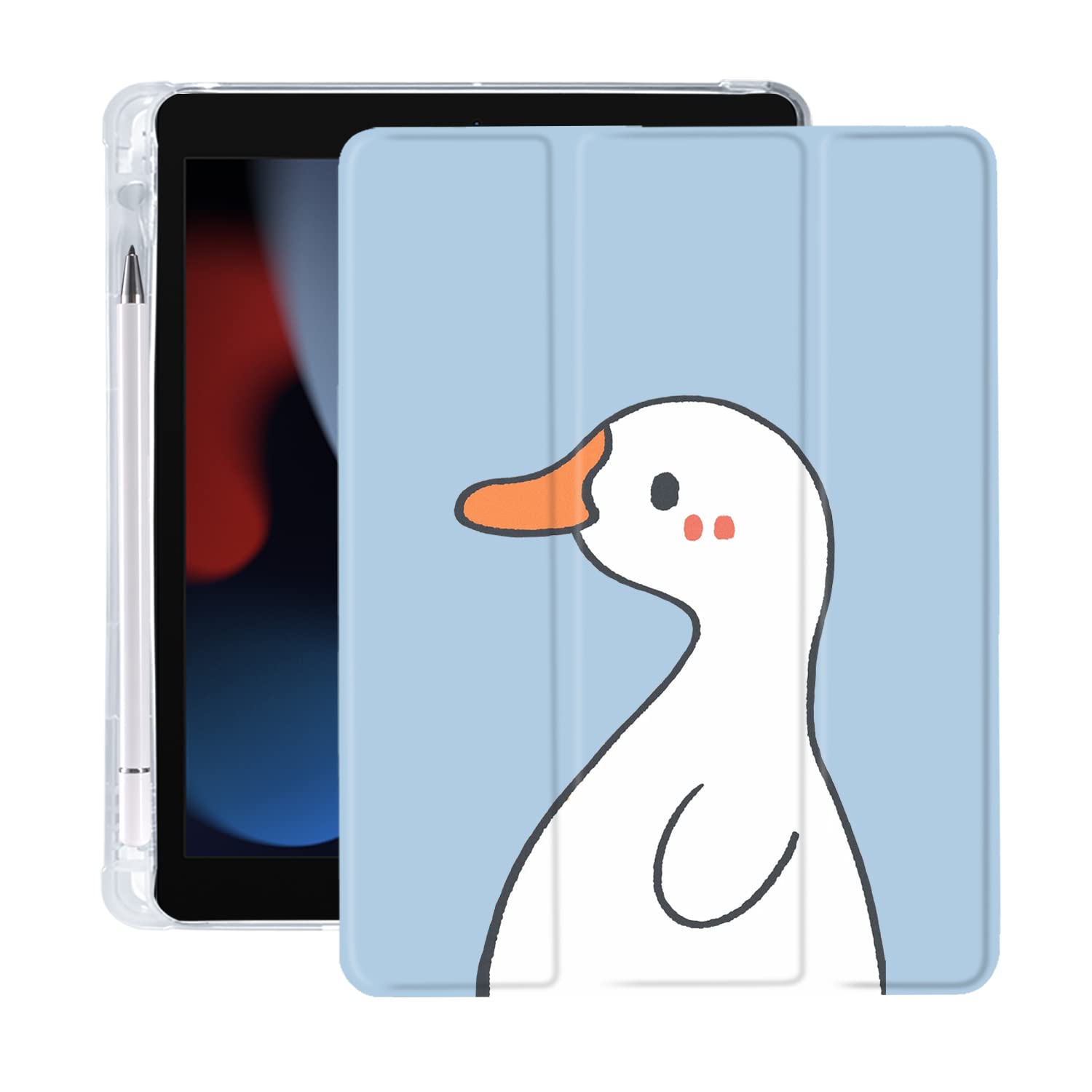 Cute Kawaii Duck for iPad (A16) 11th Generation Case 11 Inch 2025, for iPad 10th Generation Case 10.9 Inch 2022 with Pencil Holder, Auto Sleep/Wake, Blue Leather Soft TPU Back Cover
