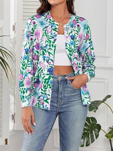 Angashion Women'S Cardigans Floral Print - Long Sleeve Crewneck Knitted Cardigan - Sweaters Loose Green Floral Medium thumb #4