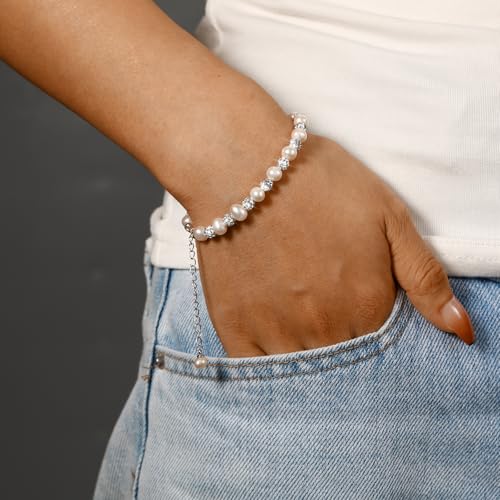 Image of CZ Pearl Bracelets for Women, 925 Sterling Silver Natural Pearl with Cubic Zirconia Crystal Bead Sparkle Bracelet for Brides Adjustable Silver Handmade Jewelry Bracelets for Birthday Party Graduation Jewelry Gifts