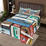 Manfei Vintage Musikband Tagesdecke M Größe,80er Jahre Retro Tape Druck Bettwäsche Set,Audio Kassette Musical Stil Tröster Set Mädchen Jungen Zimmer Dekor,blau braun Quilt Coverlet,2 Kissenbezug