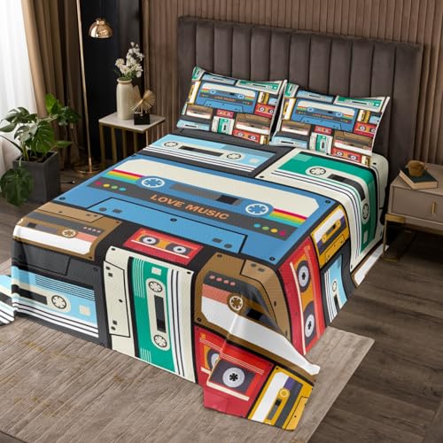 Manfei Vintage Musikband Tagesdecke M Größe,80er Jahre Retro Tape Druck Bettwäsche Set,Audio Kassette Musical Stil Tröster Set Mädchen Jungen Zimmer Dekor,blau braun Quilt Coverlet,2 Kissenbezug