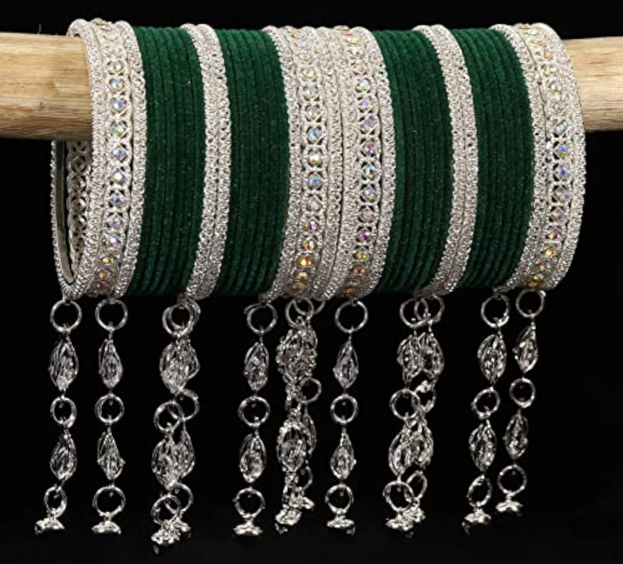 Zircon Gemstone Velvet Bangles With Bells, Pack Of 40