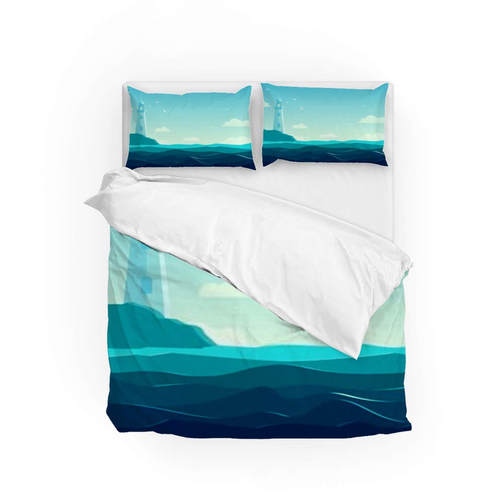 Parure de lit CHEHONG bleue 3 pièces avec motif vagues de la mer en microfibre douce