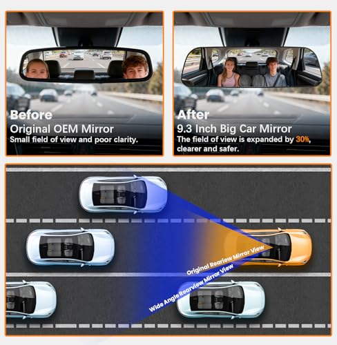 Image of Rear View Mirror, 9.3 Inch Chrome Anti-glare Panoramic Rear Mirrors Universal Convex Car Interior Clip on Extra Big Wide Angle Rearview Mirror Extender to Reduce Blind Spot for Car SUV Truck