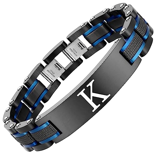 Men's initials bracelet - blue and black double spelling, men's bracelet stainless steel. Elegant and durable with gift box