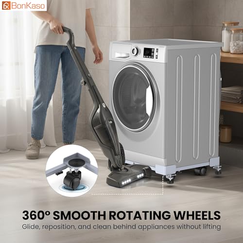 Image of BonKaso Adjustable Heavy Duty Appliance Stand with Wheels & Anti-Slip Pads | Steel Frame Trolley for Washing Machine, Refrigerator & Dishwasher | Load Capacity 200 Kg (50x43x12.5 cm) Grey