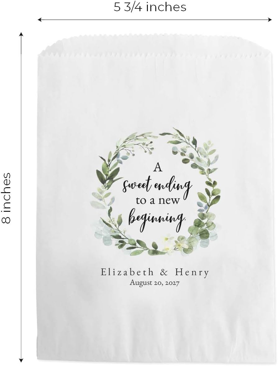 Canopy Street Personalized Greenery Wreath Treat Bags / 50 Custom Event Dessert Bags / 5 3/4" x 8" Watercolor Floral Cookie Holder Wedding Anniversary Favor/Made In The USA