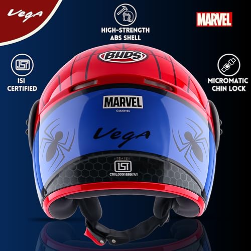 Image of Vega Buds Junior Marvel Spiderman Graphic Open Face Helmet for Kids - Lightweight Design, Superior Comfort & Safety, Stylish Red Blue - XS