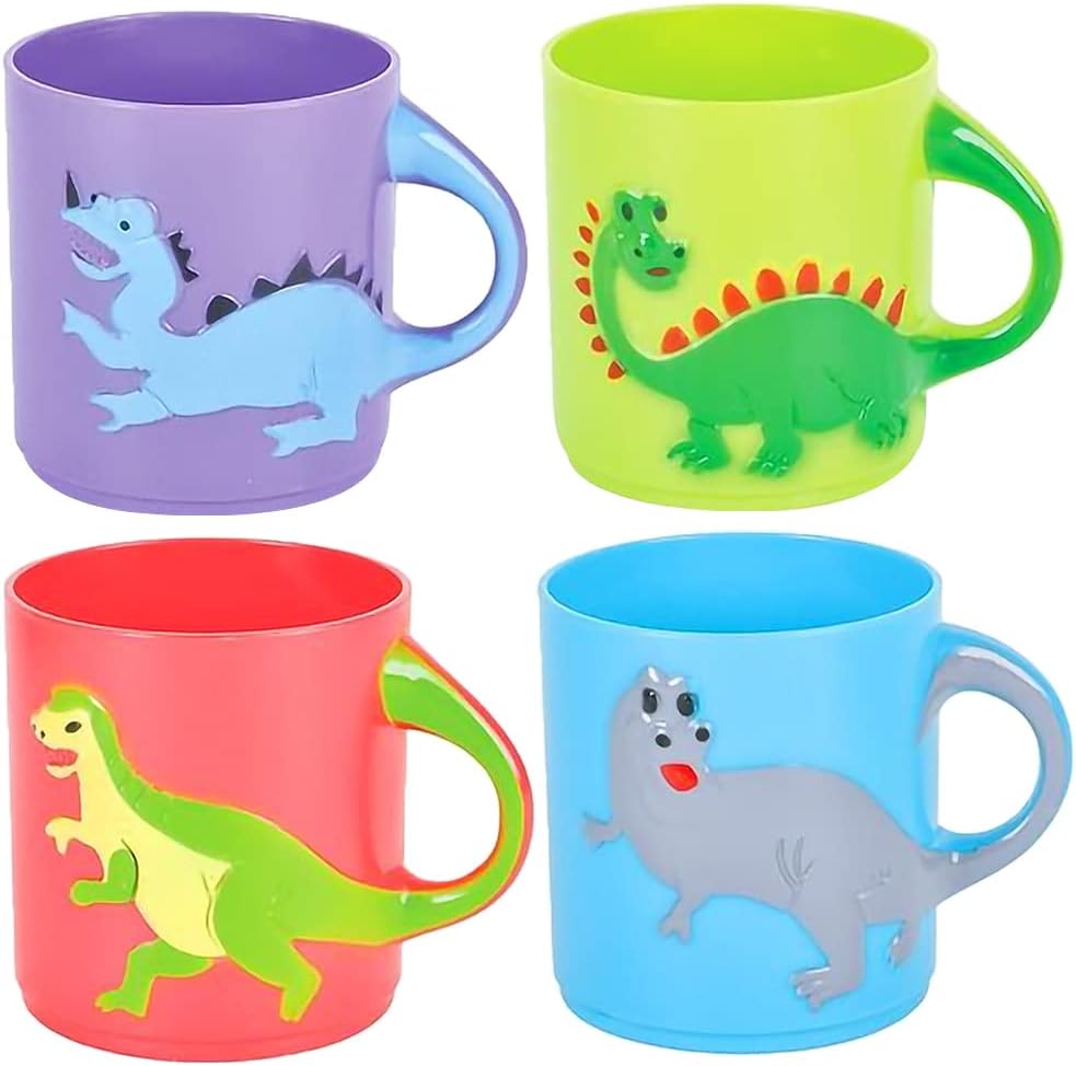 ArtCreativity Dinosaur Mugs for Kids, Set of 4, 3-Inch Plastic Cups in Assorted Colors & Designs, Ideal for Dinosaur Party Favors, Gifts,Photo Booth Props, Table Decorations for Themed Parties