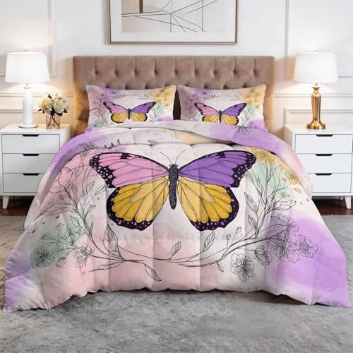 XCQHZYQ Edredon Nordico Cama 90 Line Art Mariposa Glicina, Colcha Infantil Relleno Nordico 150x200 cm de Microfibra, Edredón 4 Estaciones Reversible, con 2 Fundas de Almohada 50x75 cm