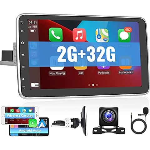 2G+32G Single Din Touchscreen Android Car Stereo with Wireless Apple Carplay, Rimoody 10.1 Inch Rotatable Screen Android 1 din Car Radio with WiFi GPS Navigation Bluetooth FM Radio + AHD Backup Camera Cover