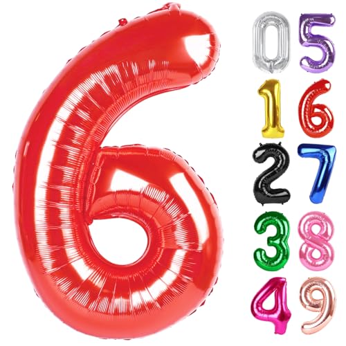 Image of Red Number 6 Balloon 40 Inch, 6th Birthday Party Decorations, Giant 6 Foil Balloon for Party Supplies