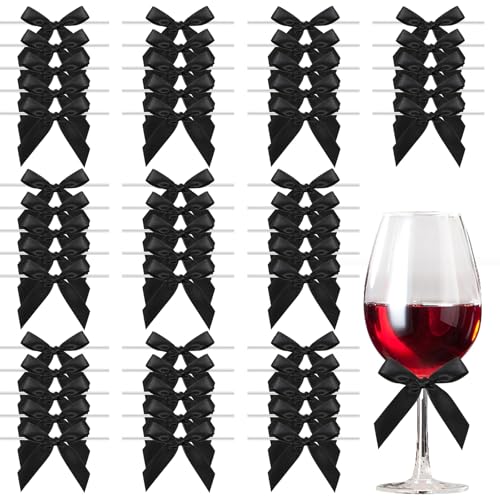 Yuomeaz Lot de 50 petits nœuds en ruban de satin noir avec attaches torsadées pour friandises, ballons, loisirs créatifs, emballage de bouteilles de champagne, décorations de gâteaux