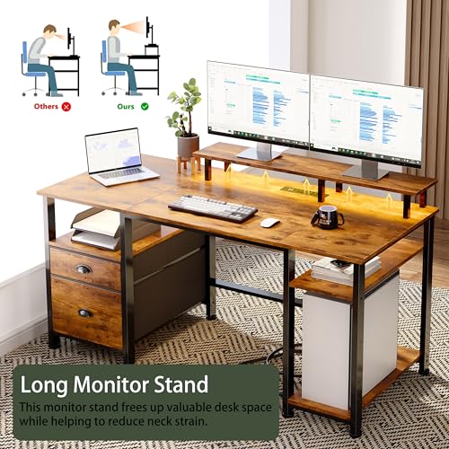 Image of Furologee 51 inch Computer Desk with Power Outlet and LED Lights, Reversible Home Office Desk with File Cabinet & Monitor Stand, Large Gaming Table with Storage Shelves & Drawer, Rustic Brown