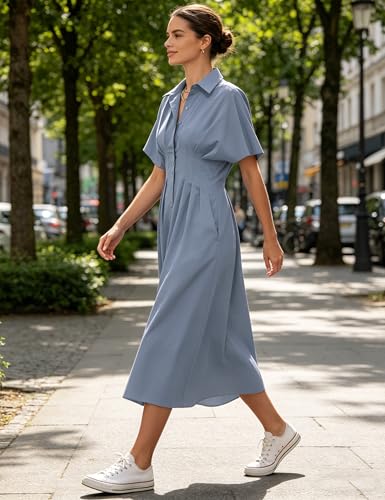 Image of Yeokou Shirt Dress for Women Summer Casual Short Sleeve Button Down Loose Pleated Maxi Sundress with Pockets