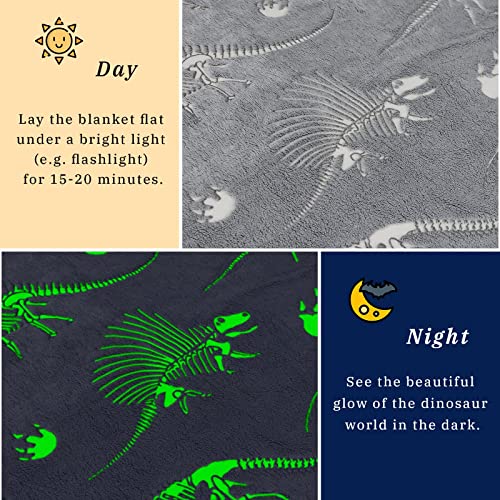 Image of Dinosaur Toys for Kids Blanket, Boys Birthday Gifts Dino Blanket, Soft Fleece Throw Glowing Dino Bedroom Decor Throw