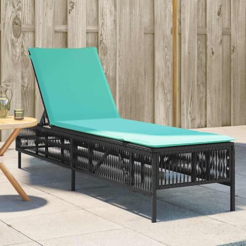 Ziaphsol Chaise Longue Bain Soleil transat en rotin synthétique Noir avec Coussin Bleu, Dossier inclinable 5 Positions, Acier thermolaqué, résistant UV