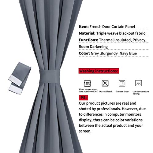 PiccoCasa Blackout French Door Curtain Panel - Blackout Door Curtain 25x40 Inches Solid Drapery with Tiebacks 2 Panels Dark Gray - Image 3