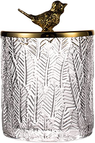 EMPO Boîte de rangement en verre pour salle de bain avec couvercles dorés pour cotons-tiges, boules, éponges de maquillage, mixeurs, sels de bain (Acacia) (oiseau) Cover