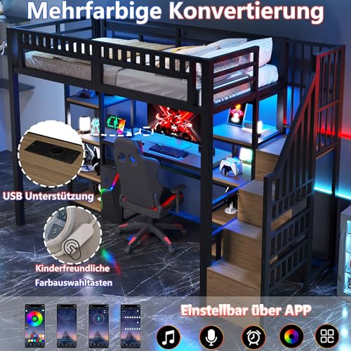 Miniatura 5 de Cama Loft 90x200 Con Usb,Led,Litera Que Ahorra Espacio Con Escritorio,Escalera De Almacenamiento,Estantes De Almacenamiento, Cama De Juego De Metal Para Niños Adolescentes Adultos,Sin Colchón,Nero