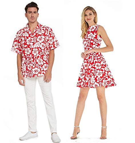 Couple Matching Hawaiian Luau Cruise Outfit Shirt Vintage Fit and Flare Dress Classic Vintage Hibiscus Red Men L Women M