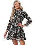 Allegra K Women's Floral Dress Chiffon Long Sleeve Mock Neck Ruffle Layered Smocked Mini Dresses Medium Black