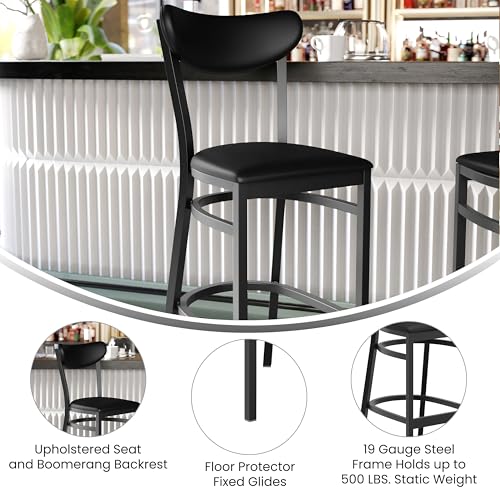 Image of Flash Furniture Wright Commercial Grade Barstool - Black Finish Vinyl Seat and Boomerang Back - 500 LB. Capacity Black Steel Frame - Integrated Footrest